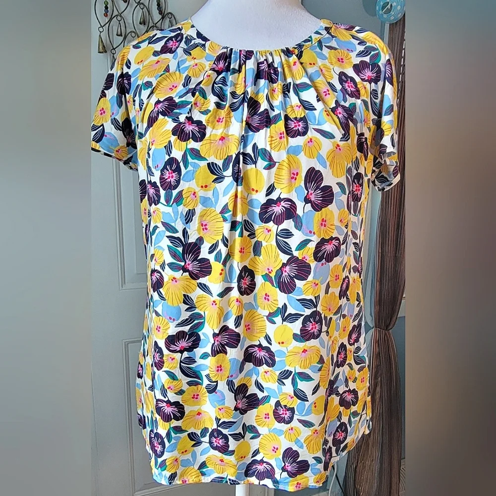 Boden Florence Floral Blouse Women's 4 Yellow Blue Pansies Silk Blend Short Slee